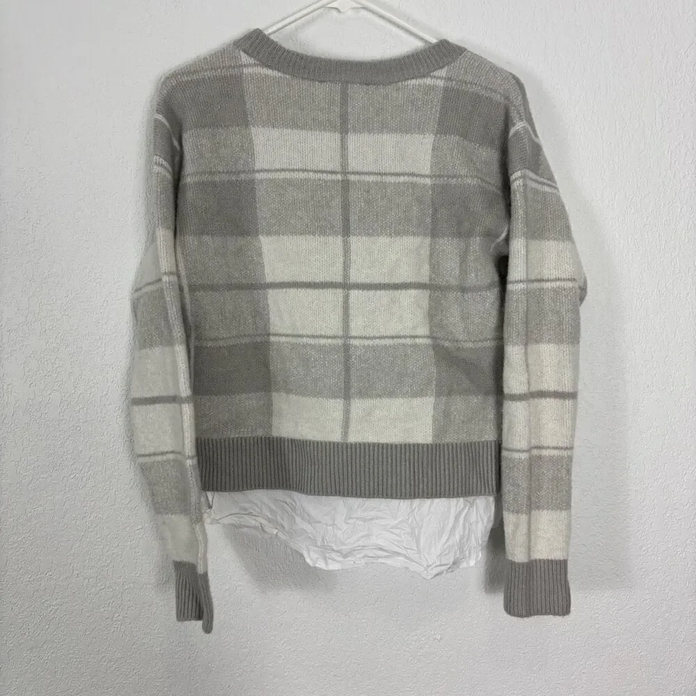 Anthropologie Grey and White‎ Plaid Fleece Sweater w/ White Button Up Under XS